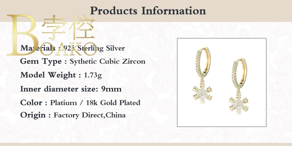 

BOAKO Zircon Snowflake Earrings For Women 925 Sterling Silver Earrings Dangle Earrings Korean Piercing Earings #9.9