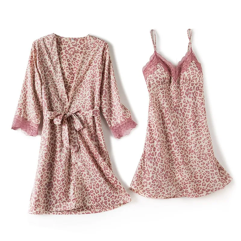 

Women Satin Robe Set Summer New Kimono Gown Silky 2PCS Sleepwear Novelty Zebra Pattern Sleep Set Female Nighty&Robe Set
