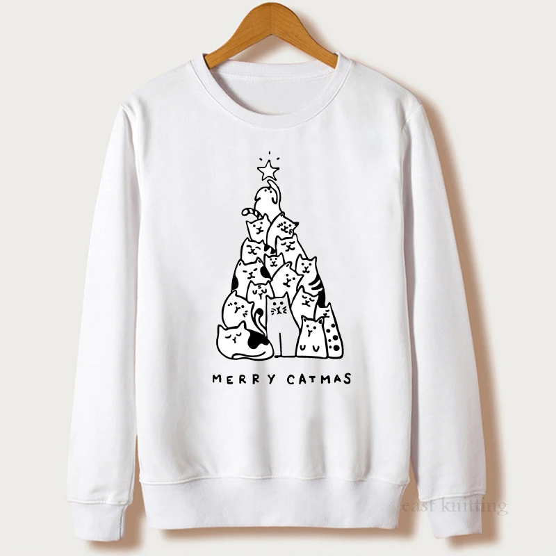 Женская Рождественская Толстовка Merry Catmas толстовка с забавным принтом кошки елки