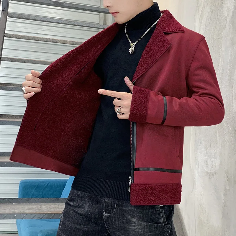 

Autumn Winter Men's Jacket Add Lamb Wool Thick Warm Wind-proof Solid Lapel Zipper Locomotive Fashion Casual Male Coat