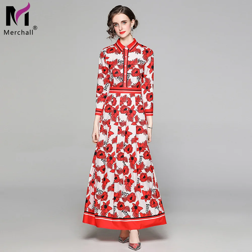 

2021 Spring Runway Holiday Foral Printed Maxi Dress Women Elegant Turn Down Neck Flower Long Sleeve Boho Beach Long Dress