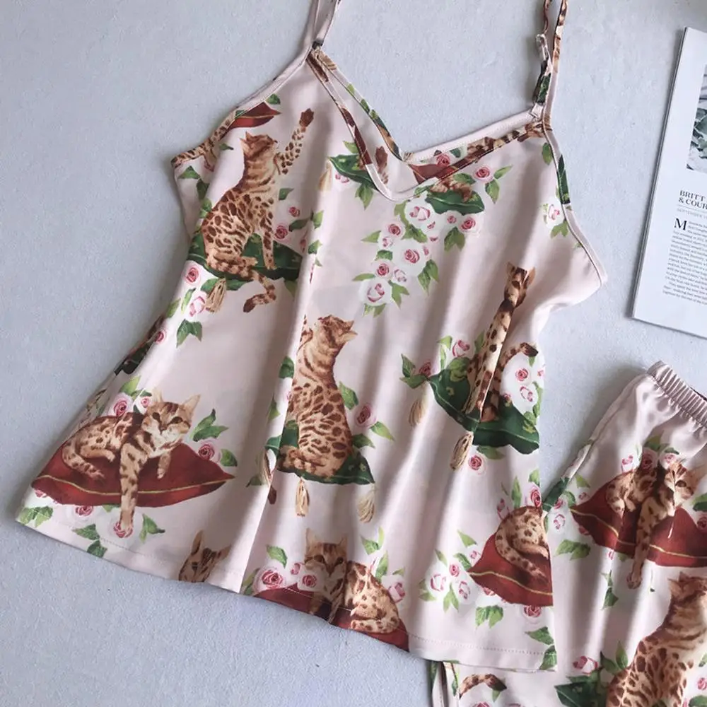 Женский Шелковый пижамный комплект летний с коротким топом и принтом кошки