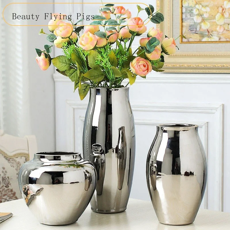 

Home living room TV cabinet wine cabinet decoration ornaments simple fashion soft work art ceramic gold-plated silver vase