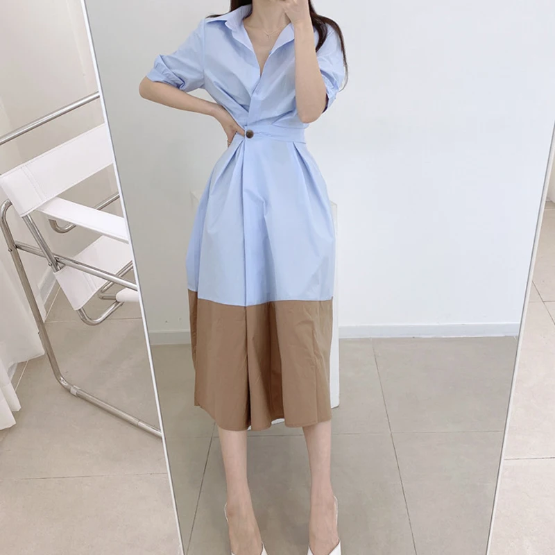 

2021 Summer New Fashion Temperament Vestidos Female French Retro Lapel One Button Waist Hem Contrast Stitching Midi Dress KK161