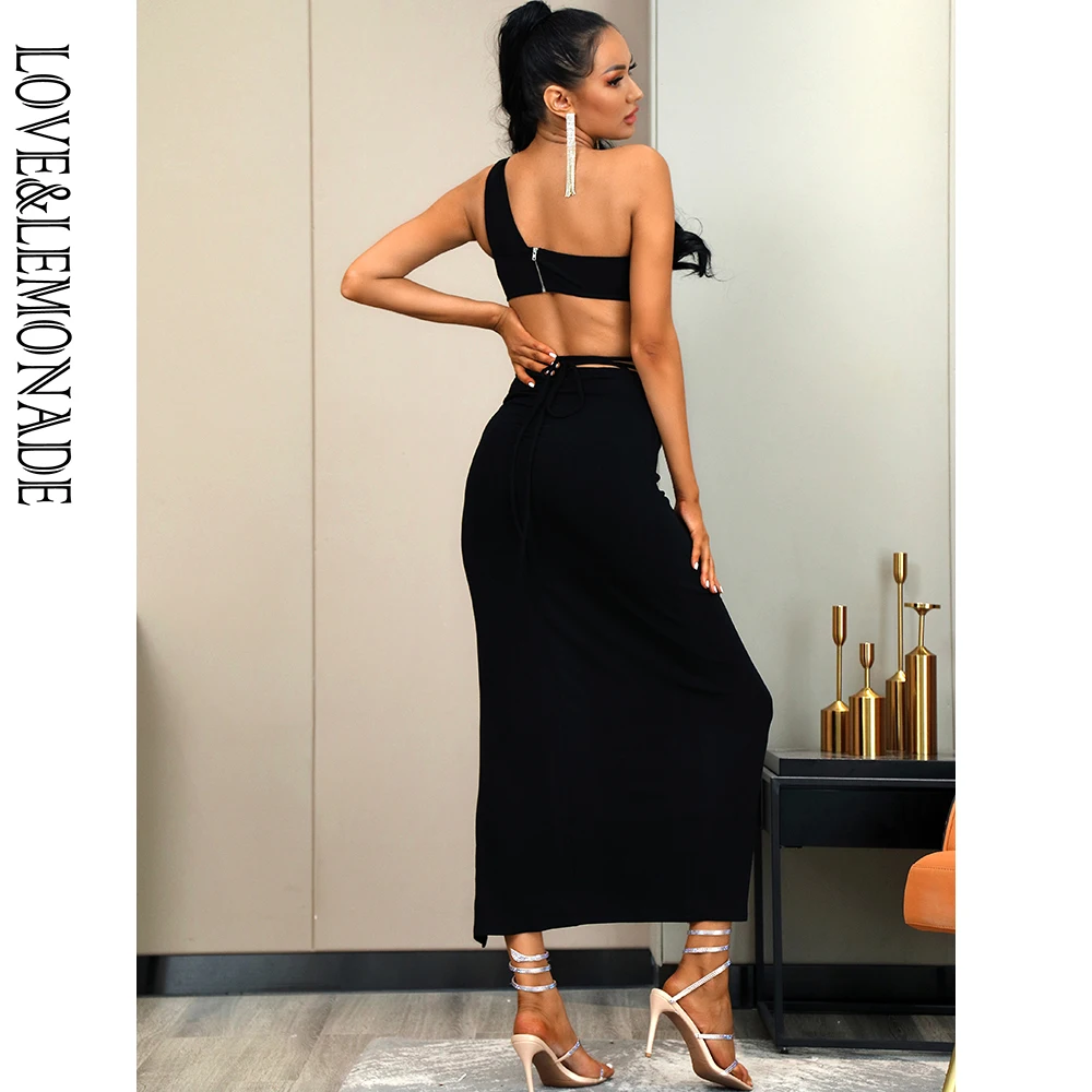 

LOVE&LEMONADE Sexy Black Two-Pieces Cut Out Strap Slim Whit Split Set LM83000