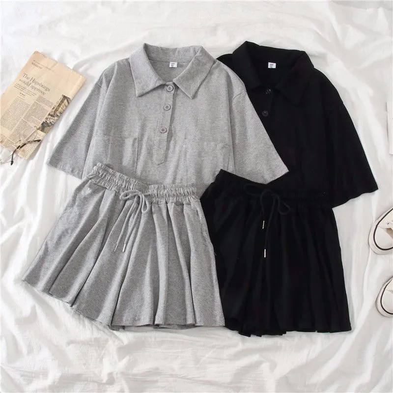 

Комплект поло Женский Летний, футболка с коротким рукавом и завышенной талией, однотонный, серый