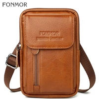 fonmor casual men genuine leather waist pack bag mini phone pockets case coin purse male fanny money bags shoulder messenger bag