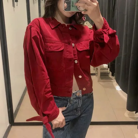 Женская ВИНТАЖНАЯ ДЖИНСОВАЯ КУРТКА, бордовая модная куртка с длинным рукавом и бантом, с карманами, джинсовая куртка с отложным воротником, 2020
