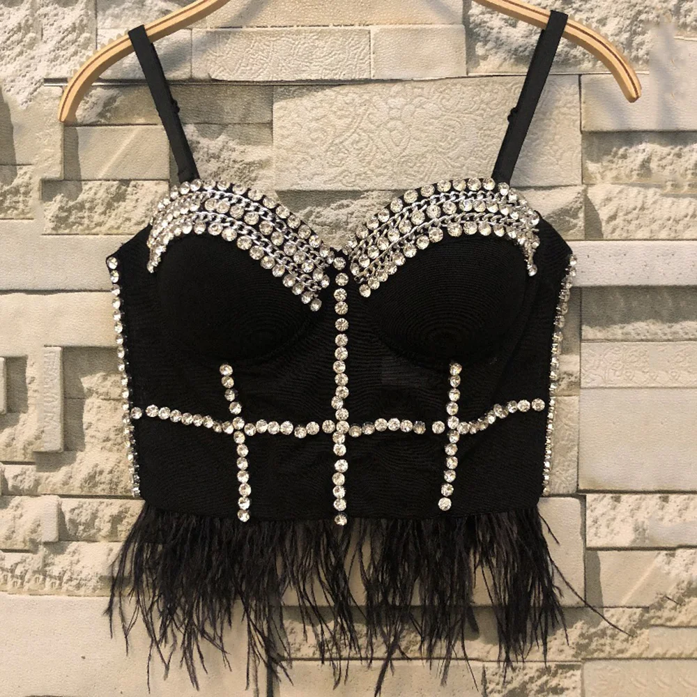 

New Women's Corset Rhinestone Chain Nail Bead Feather Tassel Sexy Suspender Bottomed Goddess Bouncing Vest Outer Wearing Bra Top