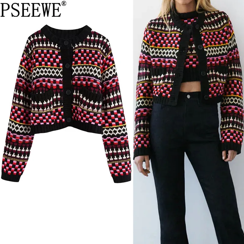 

Женский жаккардовый вязаный кардиган PSEEWE Za, винтажный укороченный свитер на пуговицах с длинным рукавом, Осень-зима 2021