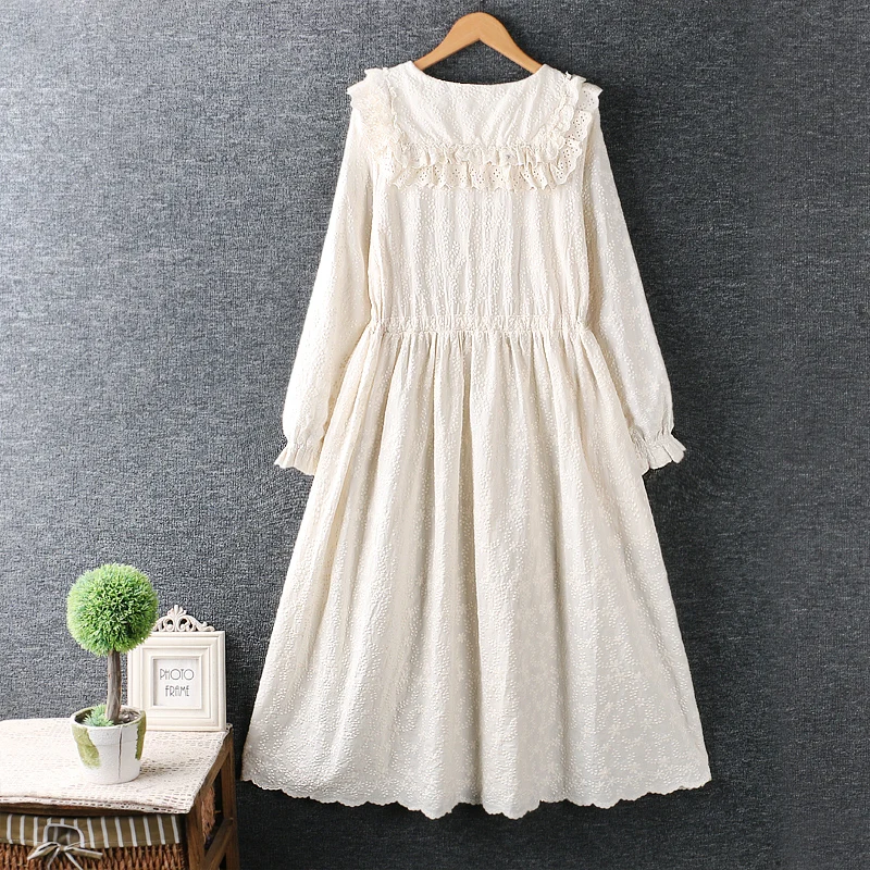 

new spring 2021 fashion women dress Sweet peter pan collar solid embroidery floral cotton linen dress long sleeve loose dress
