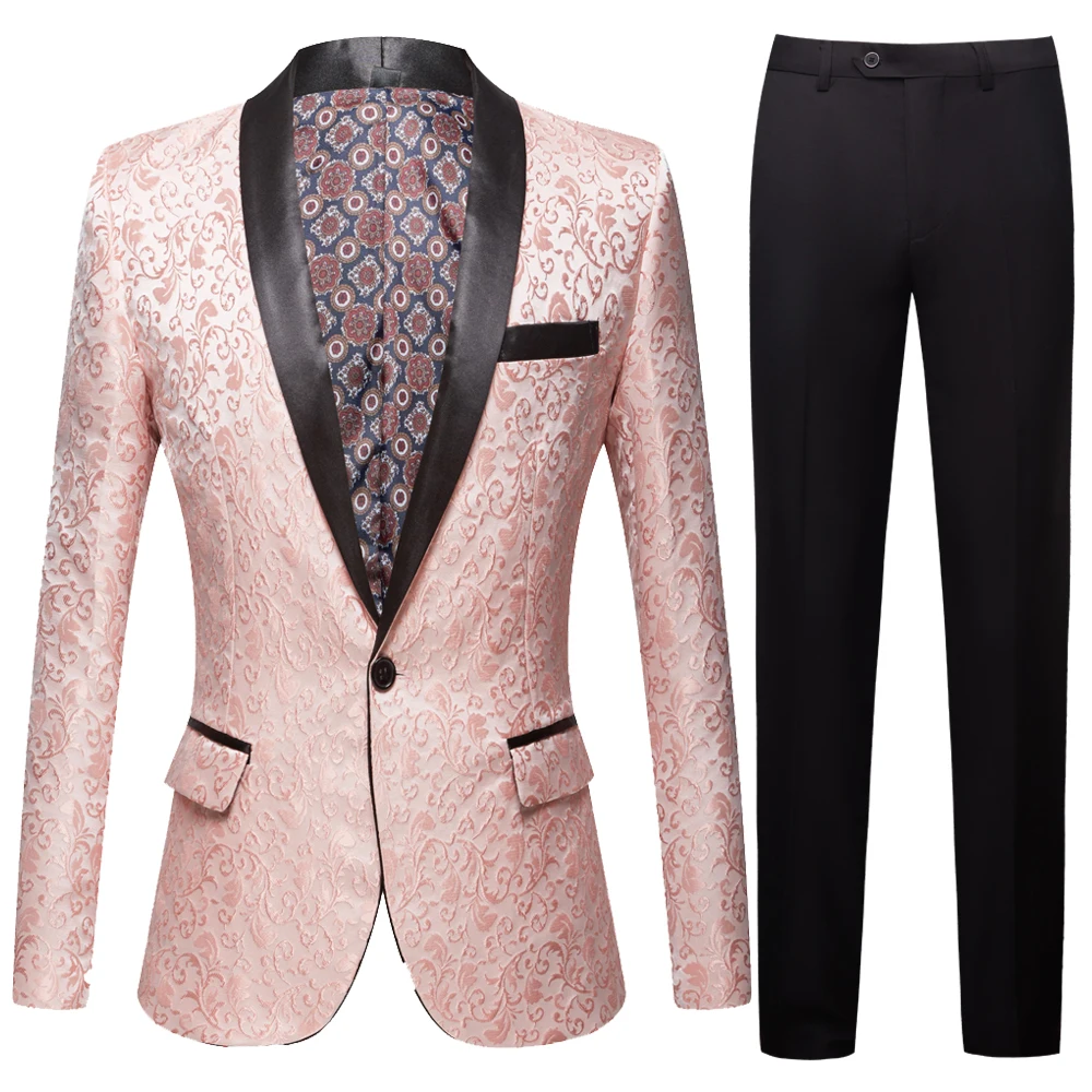 

Pink Floral jacquard Tuxedos Shawl Lapel Men Suits Wedding Groom Prom Slim Fit Tuxedo Party Dinner