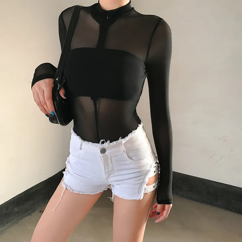 Арцу боди Тощий прозрачный комбинезон из сетки с длинным рукавом Bodycon сексуальный клубный Черный Боди тела Mujer уличная одежда ASJU20596