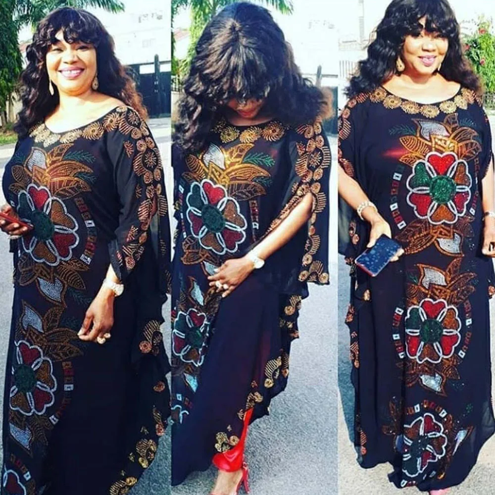 

Черное Африканское платье для женщин, новые платья с принтом Дашики стразы, длинное вечернее платье с рукавом летучая мышь и рюшами с жилето...