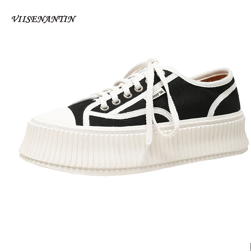 

Кроссовки с низким верхом, парусиновая повседневная обувь на платформе, с круглым носком, на толстой подошве, на шнуровке, весна-осень