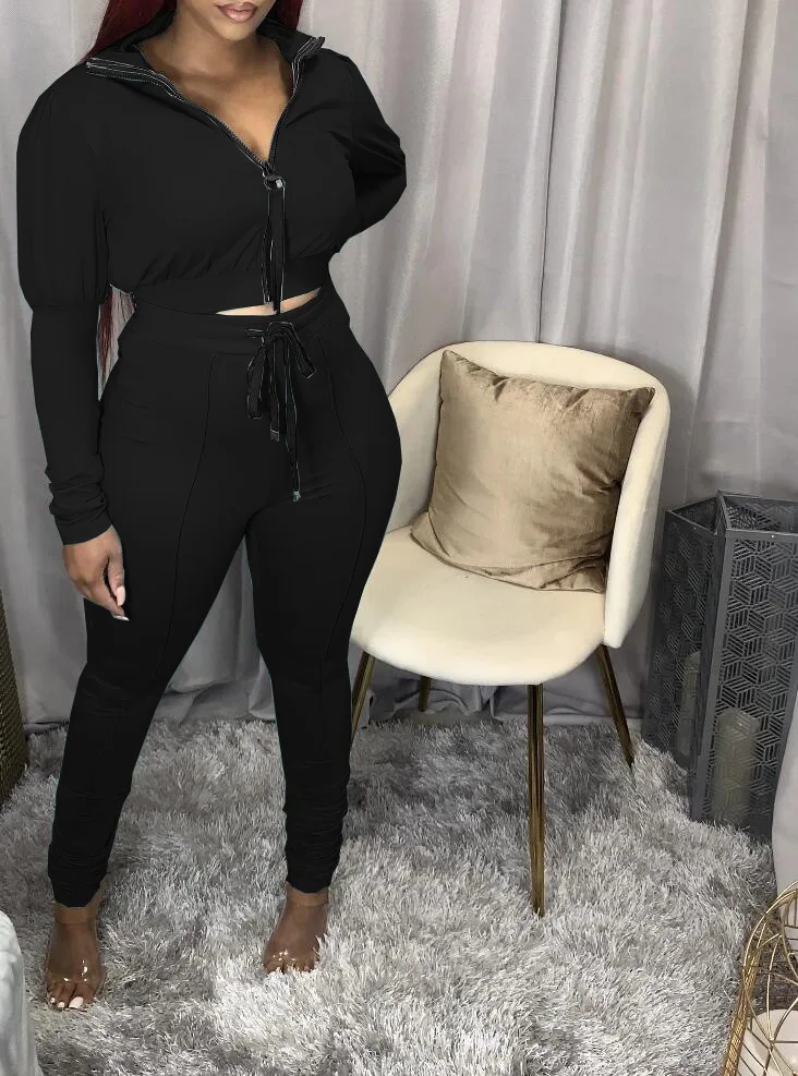 

Solid Plus Size Bodycon Matching Sets Women Sporty Casual Skinny Two Piece Outfits Lantern Sleeve Crop Top and Drawstring Pants
