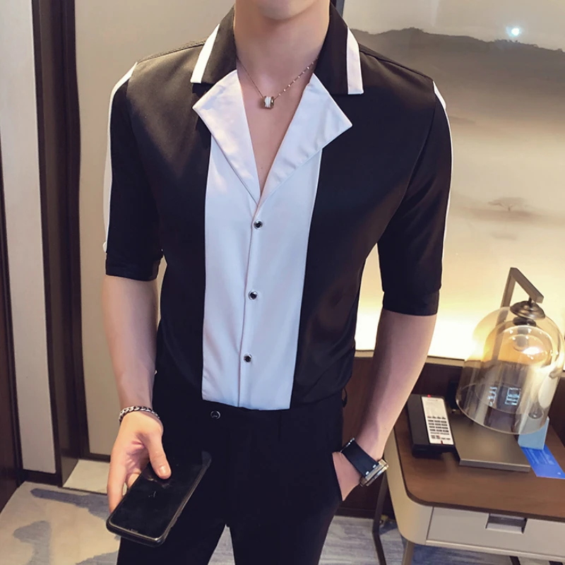 

Patchwork Summer Fashion Men Shirts Streetwear Social Blusa Casual Slim Fit Men Dress Shirts Night Club Party Camisa Masculina