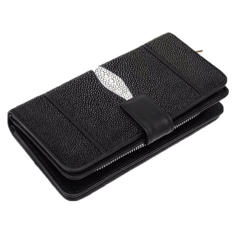 

Unisex Black White Authentic Stingray Skin Men Large Trifold Wallet Genuine Leather Male Card Purse Female Phone Clutch Bag