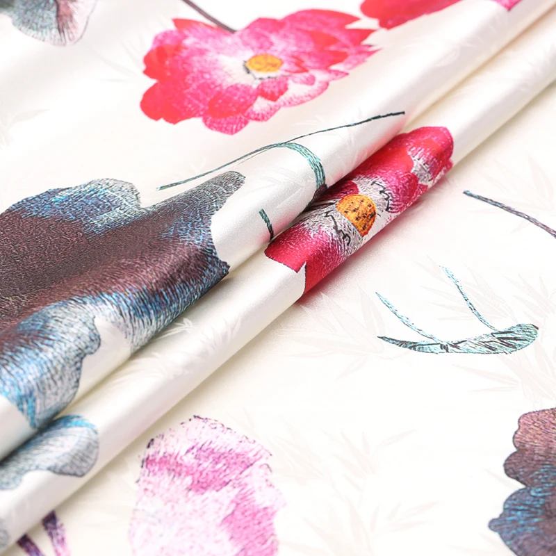 108cm wide silk stretch satin fabric meter 19mm dress cheongsam chinese lotus printed wholesale cloth | Дом и сад