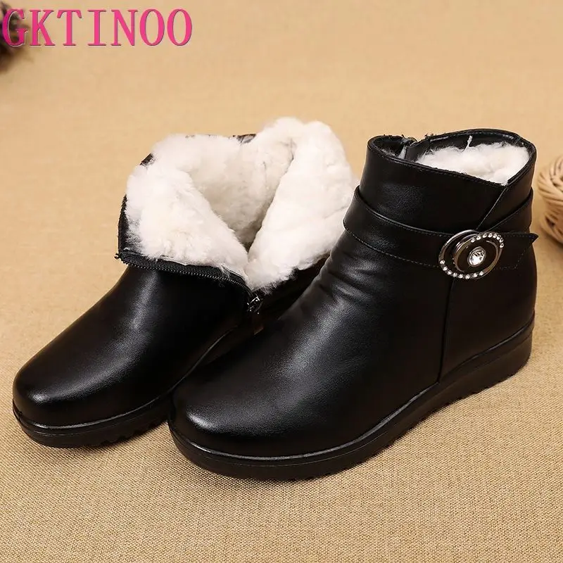 

GKTINOO 2023 Women Snow Boots Winter Flat Heels Ankle Boots Women Warm Platform Shoes Leather Thick Fur Booties