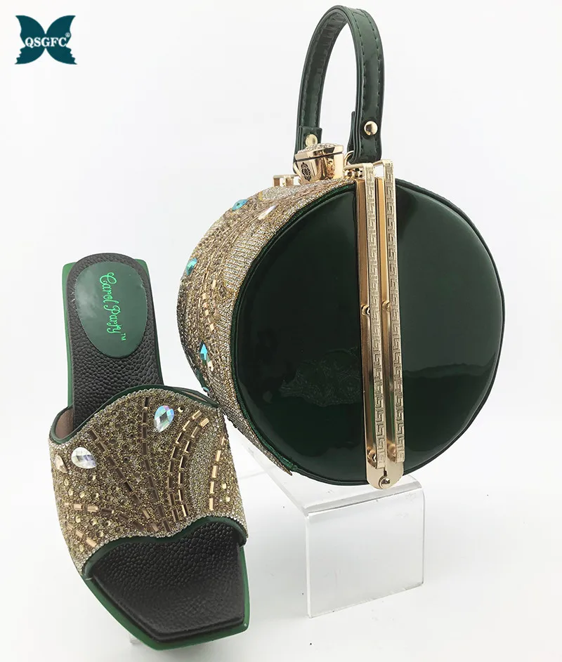 Босоножки и сумочки женские зеленые в комплекте модная обувь нигерийском стиле