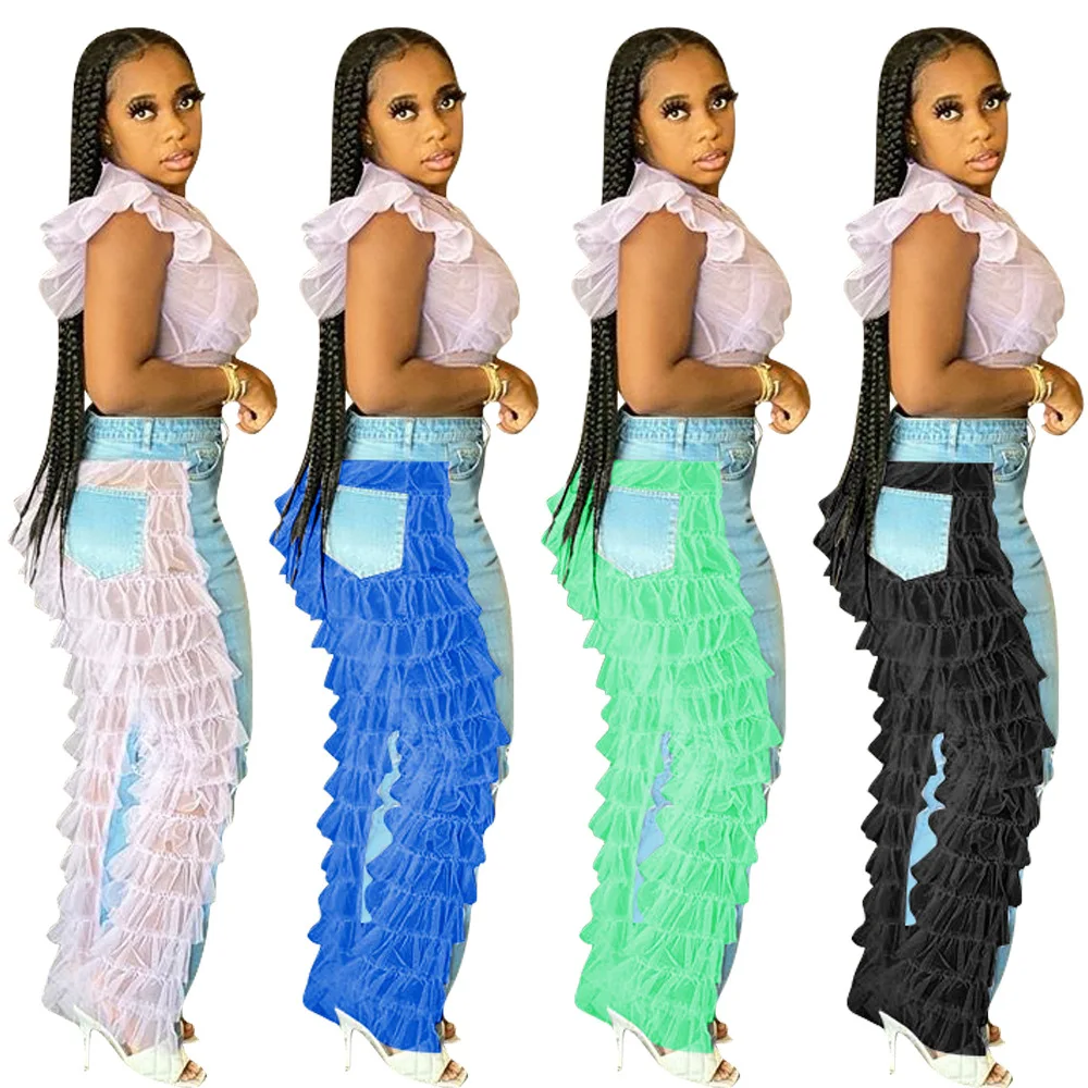 

Mesh Cascading Ruffles Ripped Jeans for Women Fashion High Waist Hole Zipper Fly Denim Trousers Streetwear See Throught Pants