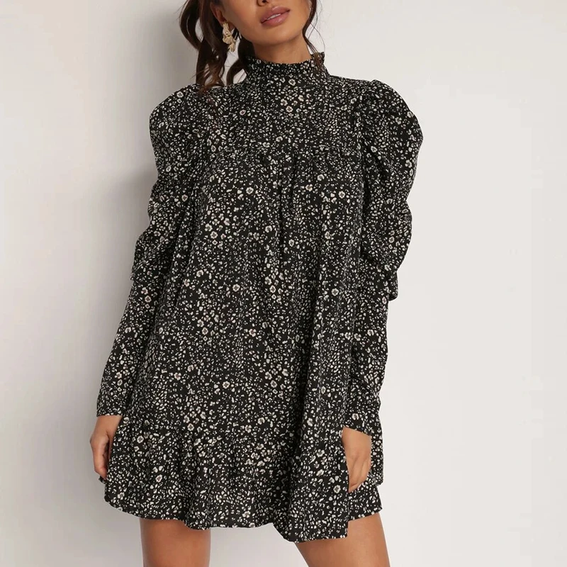 

Women's Loose Print Short Dress Autumn 2021 Fashion Turtleneck Long Puff Sleeve Ruffle Dress Female Elegant Party Vestidos New