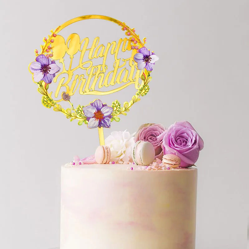 

1PC Gold Flower Acrylic Happy Birthday Cake Topper Adult Children Birthday Party Anniversary Cake Decoration