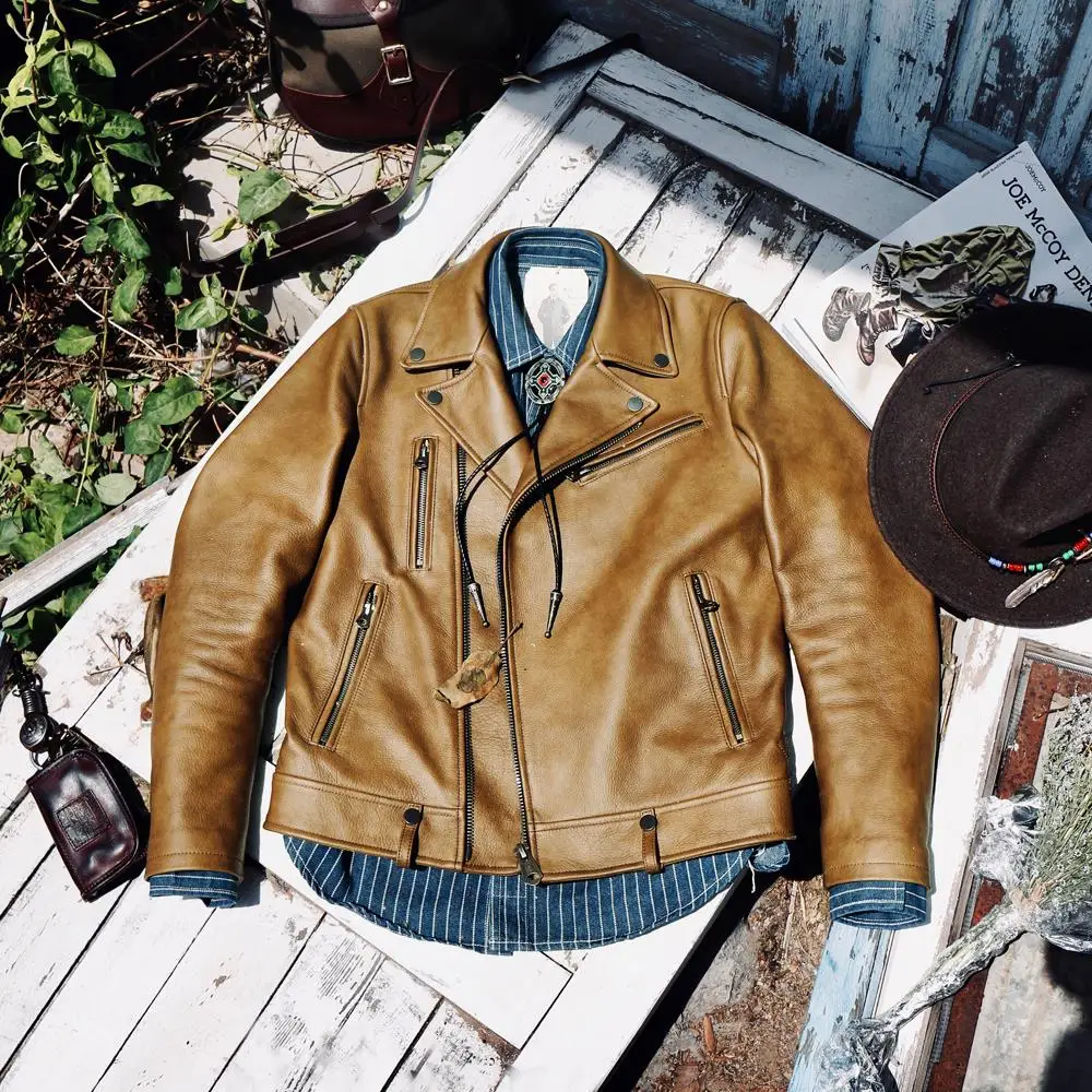 

Small Top Cowhide Layer Lapel Pull-down Slim-Fit Motorcycle Jacket Men's Genuine Leather Clothes