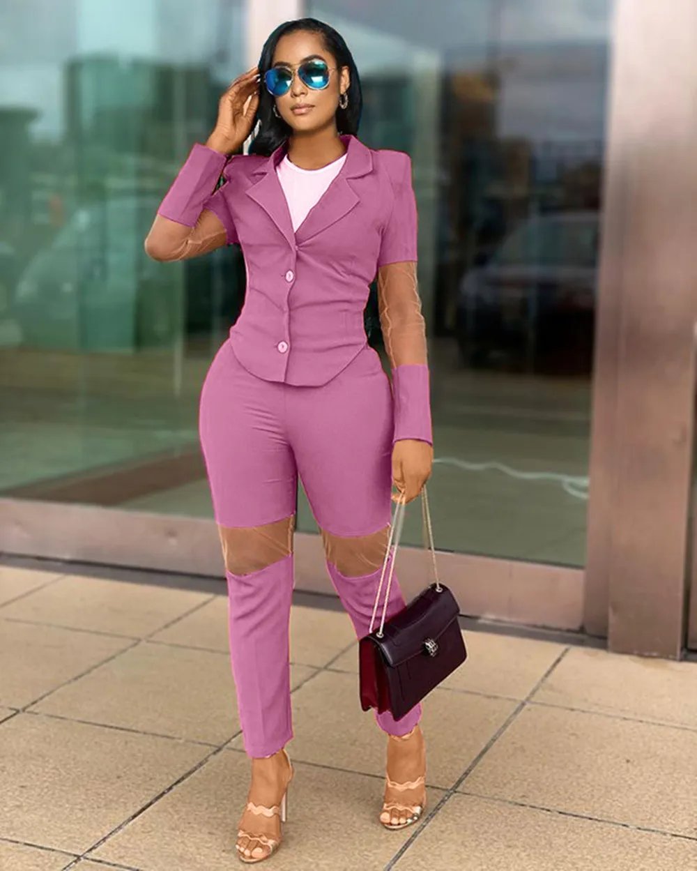 

Sexy Mesh Sheer 2 Piece Set Women Long Sleeve Button Suit Coat Fitness Pants for Women Summer Outfits Office Lady Matching Set