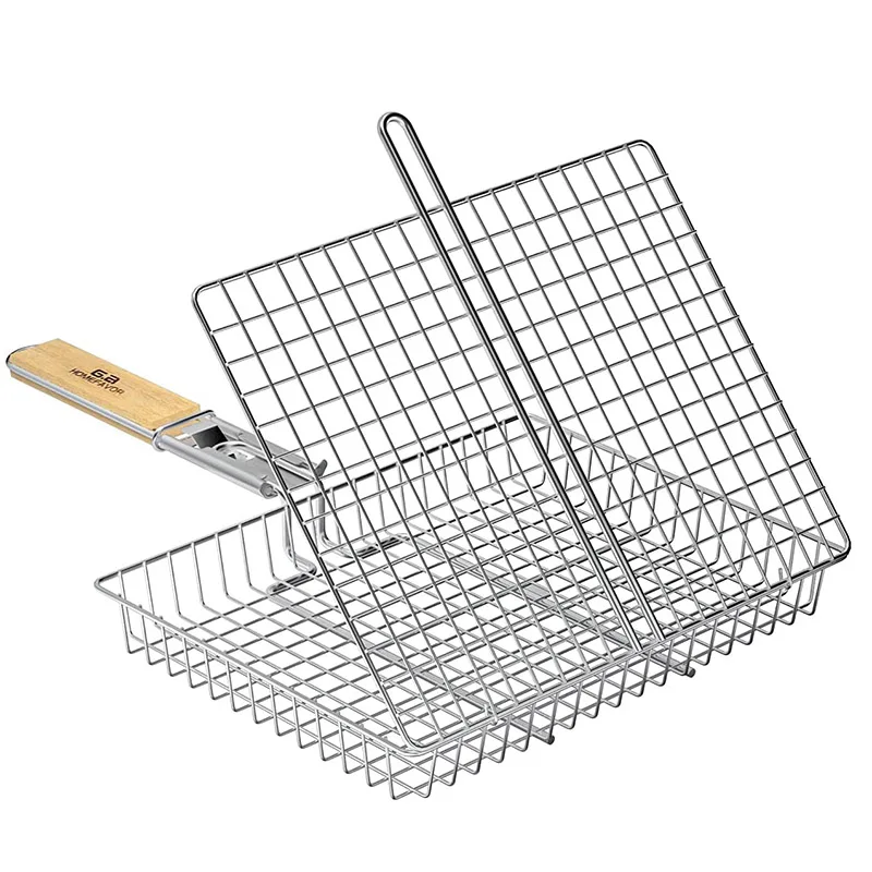 

BBQ Grill Basket Steak Grilling Rack 304 Stainless Steel Fish Steak Vegetable Holder With Removable Wood Handle
