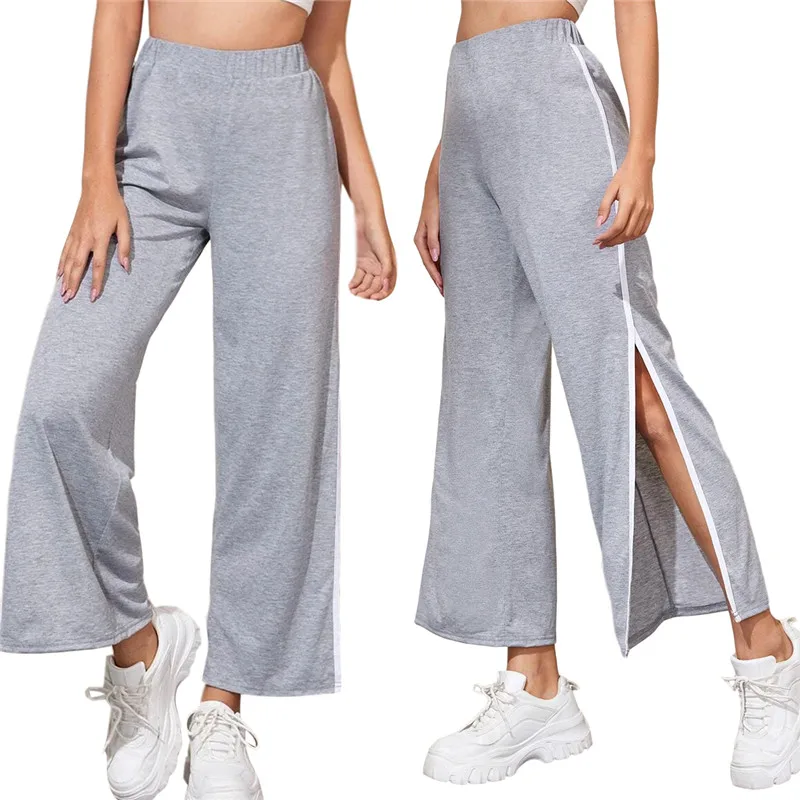 

Trendy Side Slit Striped Female Pants 2020 Autumn Summer Grey Loose Elastic Waist Wide Leg Sports Pants Casual Women's Clothing