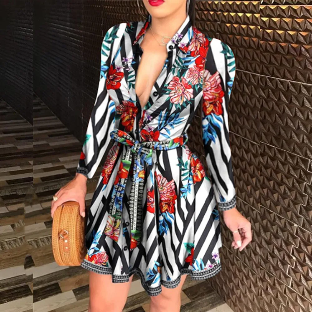 

Long Sleeve A Line Casual Dress Print Fashion Womens Clothes Streetwear Mini Dress Summer Office Sexy Deep V-neck Party Dresses