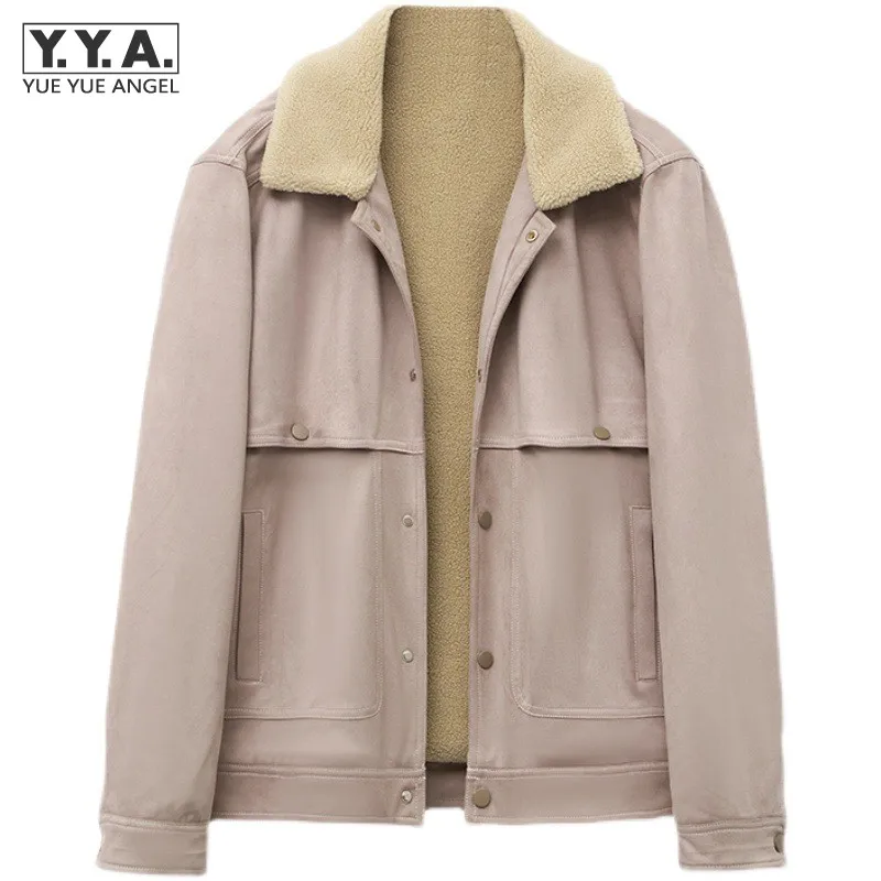 

Vintage Men Winter Thick Warm Fleece Lining Jacket Businss Casual Outwear Coat Single Breasted Faux Suede Leather Cargo Jacket