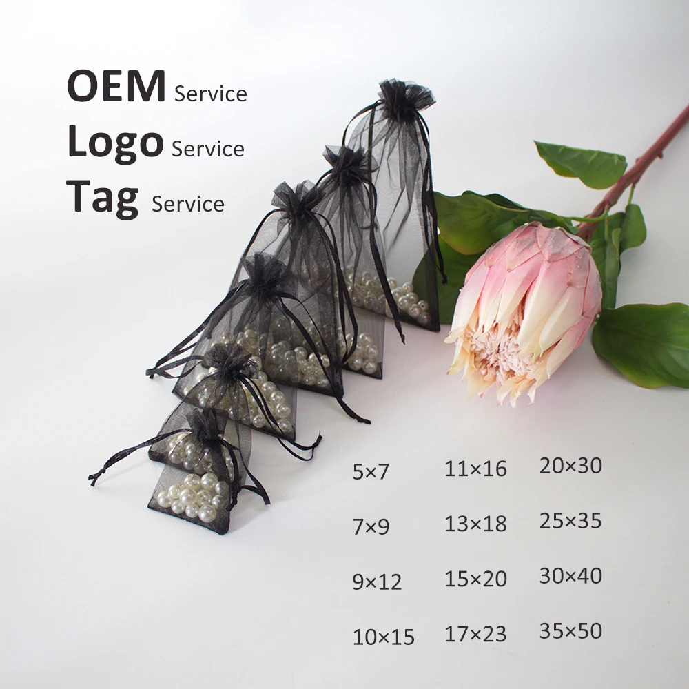 50Pcs 5×7 7×9 9×12 10×15 Multi Size Organza Bag For Jewelry Packing  Drawstring Organza Pouch For Wig Lash Can Customized Logo
