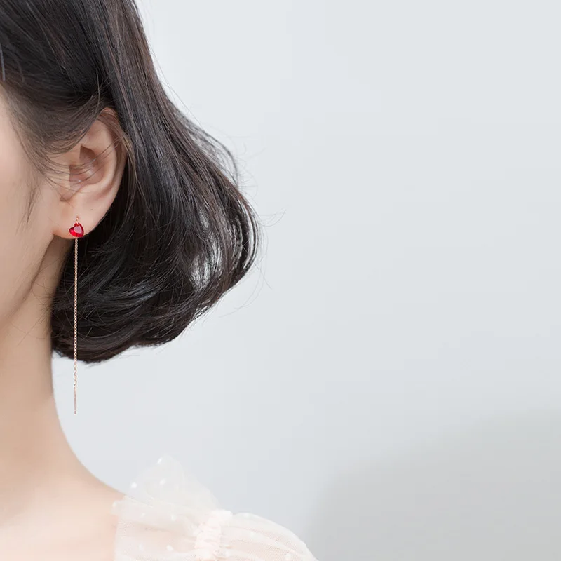 100% 925 Sterling Silver Red Zircon Heart Long Dangle Drop CZ Earrings Rose Gold Color Ear Threaderes Earings for Women | Украшения и