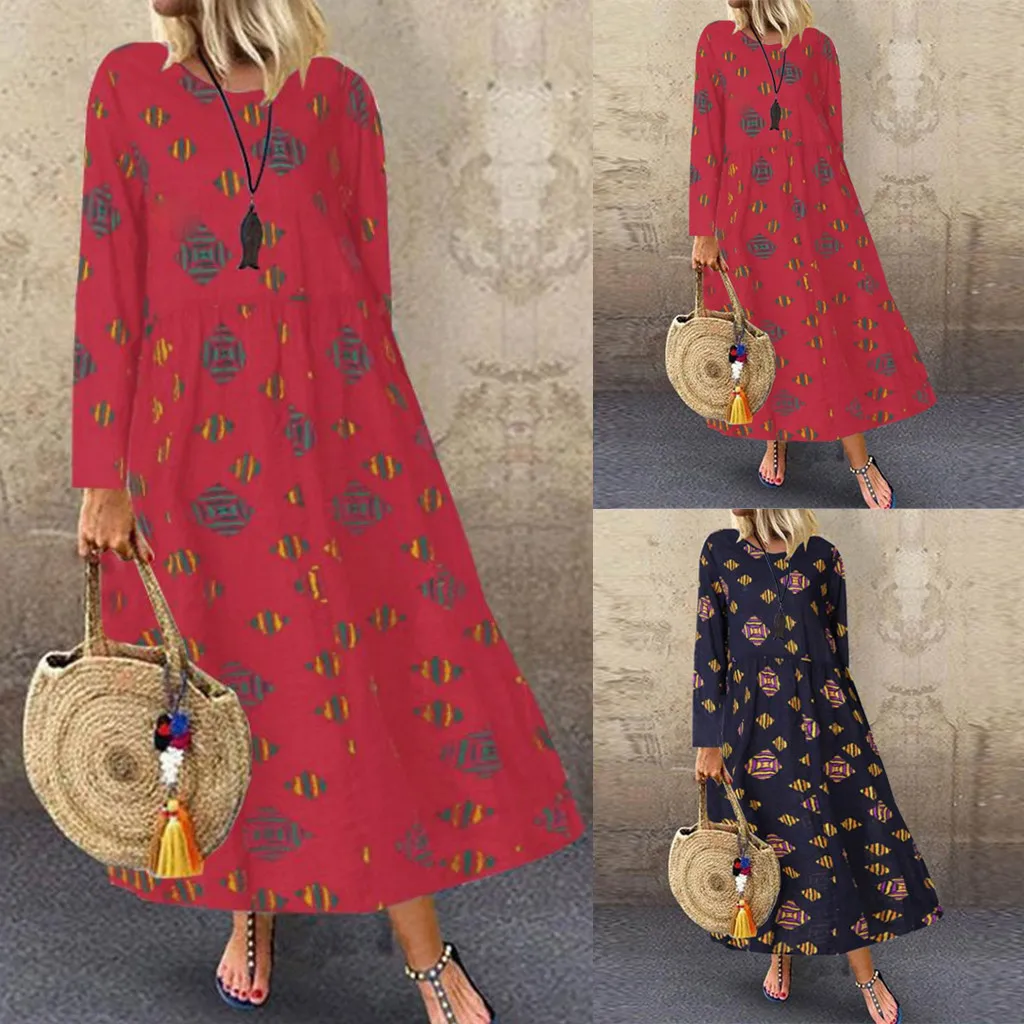 Женское свободное платье Gofuly хлопковое и льняное красное с принтом элегантное