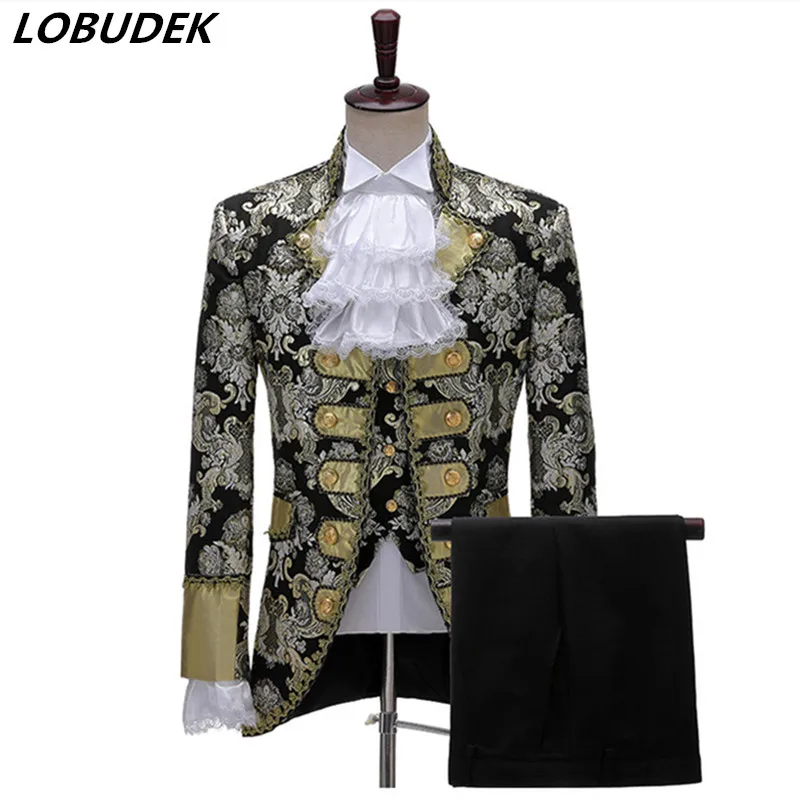 Stylish Vintage Court Dress Jacquard Suit Men's Wedding Groom 3-Piece Set Tuxedo Suits (Blazer+Vest+Pants) Singer Chorus Costume