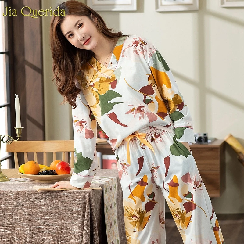 Новинка женские пижамы плюс размер белый цветочный принт v-образный ворот модное