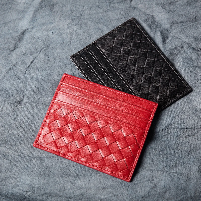 

Authentic Leather Weave Small Card Holder Luxury Brand Small and Ultra-Thin Multiple Card Slots Credit Card Coin Purse Unisex