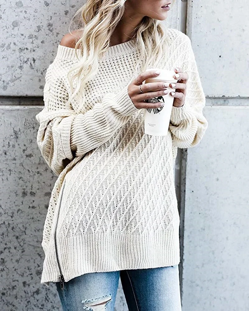 Sexy Woman Sweater Autumn and Winter Side Split Zipper Oversized Ribbed Fluffy Knitted Off Shoulder Warm Women | Женская одежда