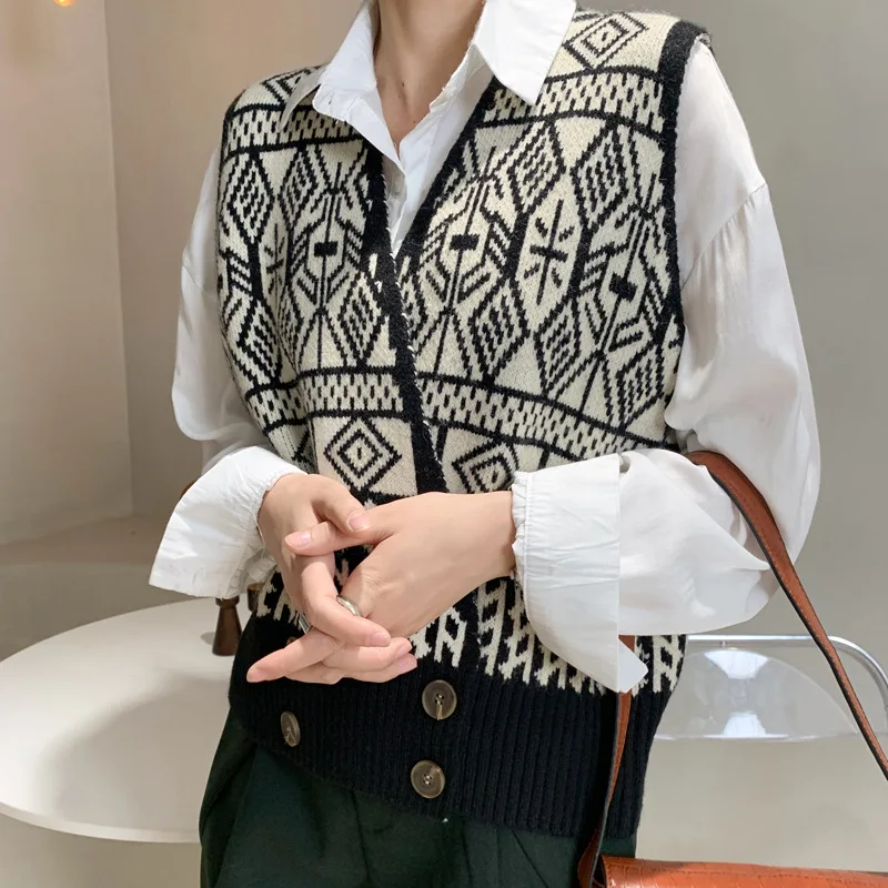 

ZCWXM Sweater Knitted Vests Women Geometric V-neck Sleeveless Jackets Female Kamizelka Damska Pull Sans Manche Mouwloze Trui