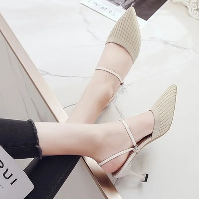 2020 Лето Модельные вечерние туфли Трикотажный верх Женские на высоком каблуке для