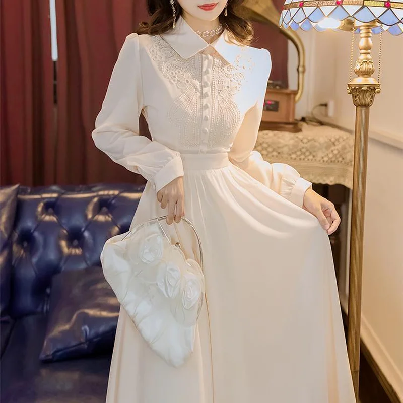 

Solid Fairy Party dress Women Vintage Lace Patchwork Elegant Midi Dress Korean style cute Puff Sleeve Slim Casual Sweet Dresses