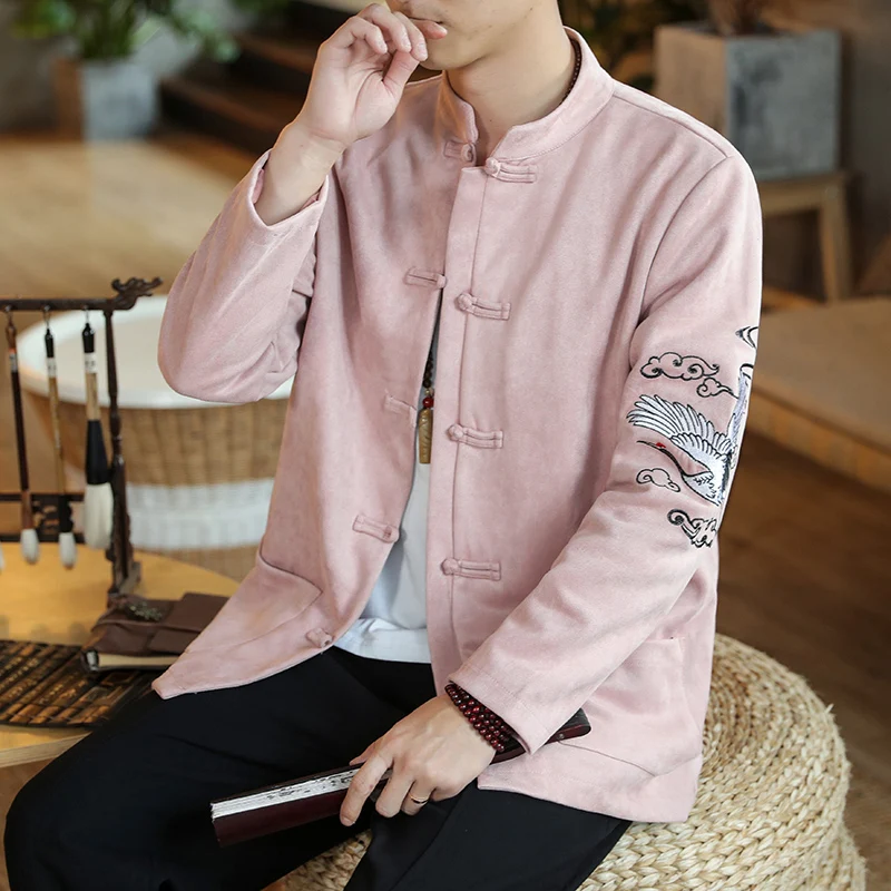 Мужская замшевая куртка с воротником-стойкой и пряжкой в китайском стиле |