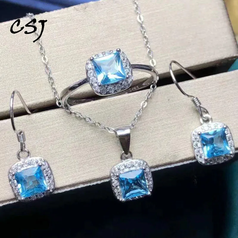 CSJ Natural Blue Topaze Jewelry Sets Sterling 925 Silver Gemstone 5/6mm Fine Jewelry for Women Lady Party Birthday Gift