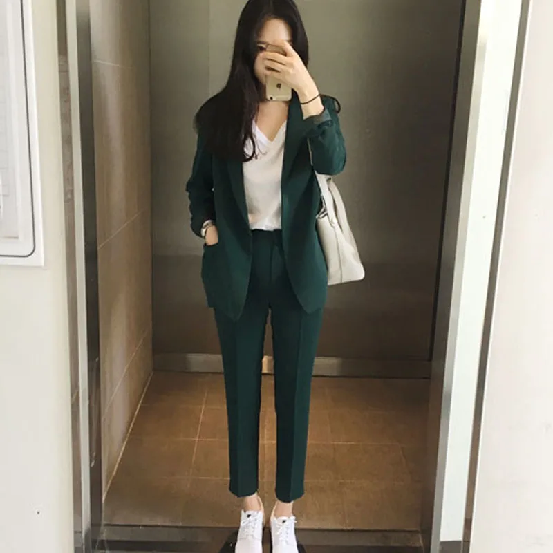 green two piece OL офисный Повседневный Блейзер, Женский костюм, на одной пуговице, корейский Блейзер, женский пиджак+ брюки-карандаш, осенний комплект из 2 предметов, наряды - Цвет: green two piece