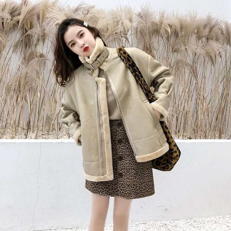

New Elegant Fashion Women Spring Autumn warm thick lamb wool motorcycle jacket leather coat