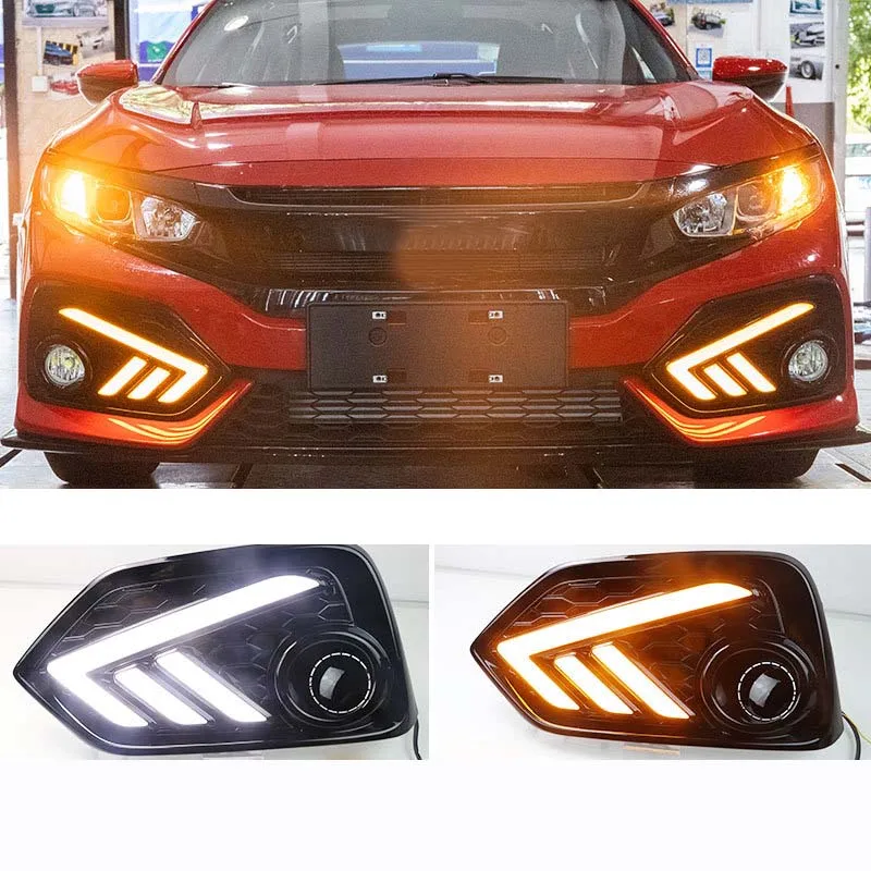 

12V LED Daylights DRL FIT For Civic Hatchback 2016 - 2020 Yellow Turn Signal Car Headlight Daytime Running Light Fog Lamp