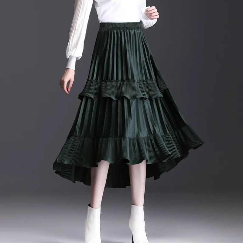 Зимние Бархатные Асимметричные Многослойные Длинные плиссированные юбки Cakee